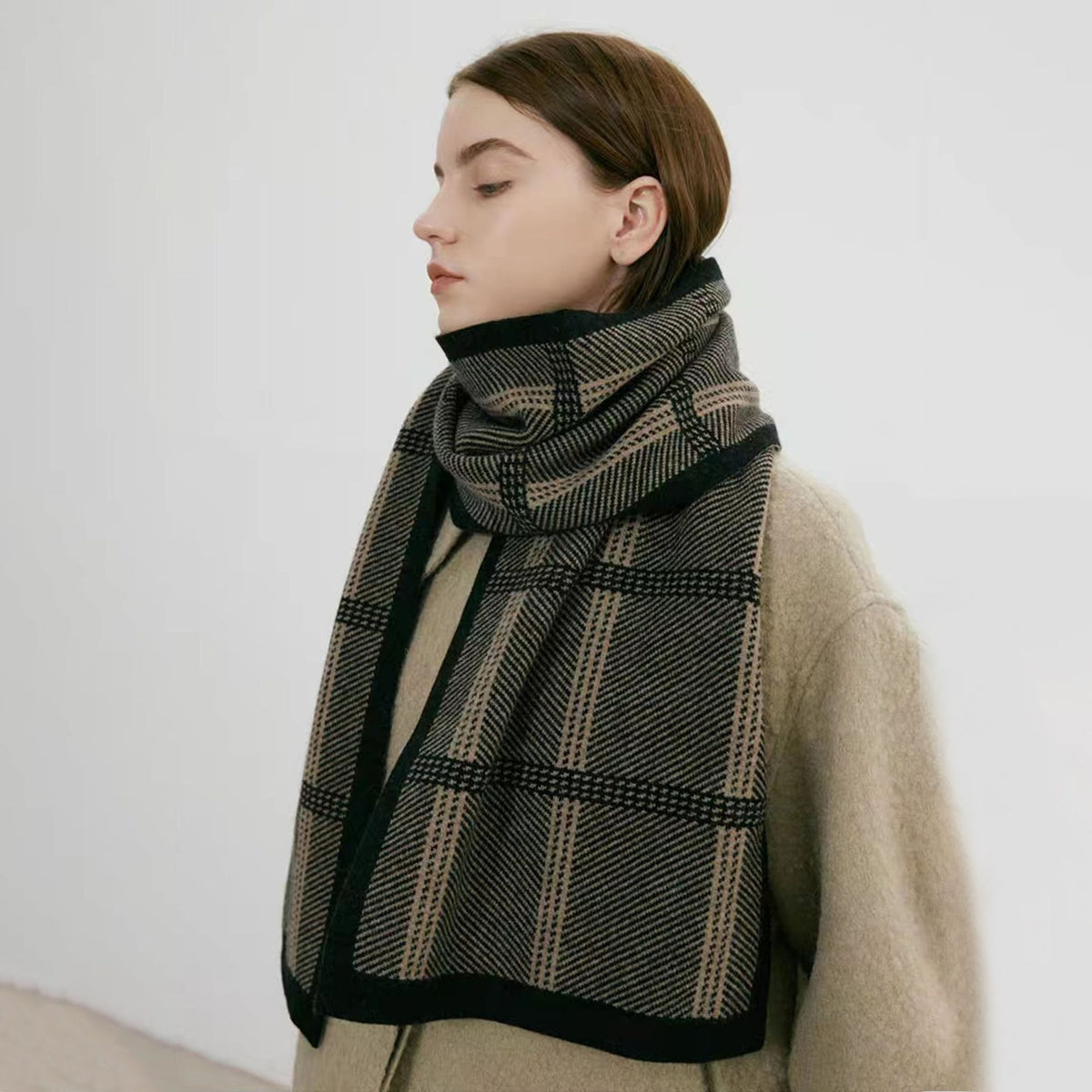 Women Wool Plaid Scarf-Grainvity