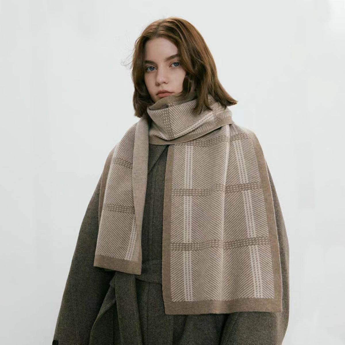 Women Wool Plaid Scarf-Grainvity