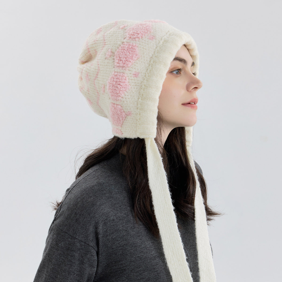 Women Nordic Strap Hat Pink Woolen