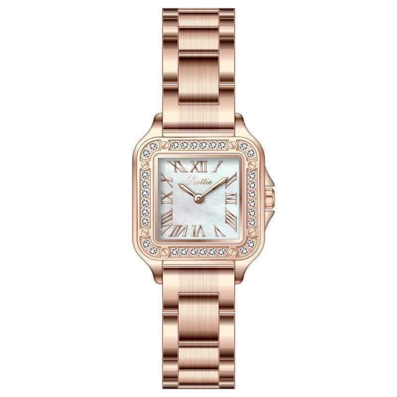 Women Rose Gold Square Watch Diamond and Mother of Peal Face