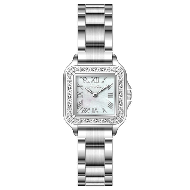 Women Silver Square Watch Diamond and Mother of Peal Face