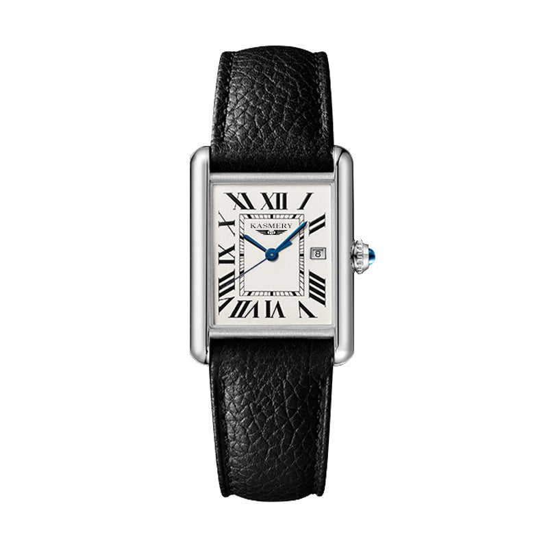 Women Tank Watch black Leather Strap 