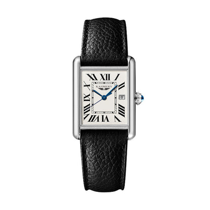 Women Tank Watch black Leather Strap 