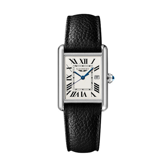 Women Tank Watch black Leather Strap 