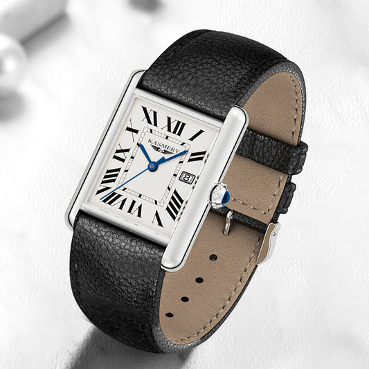 Women Tank Watch black Leather Strap 