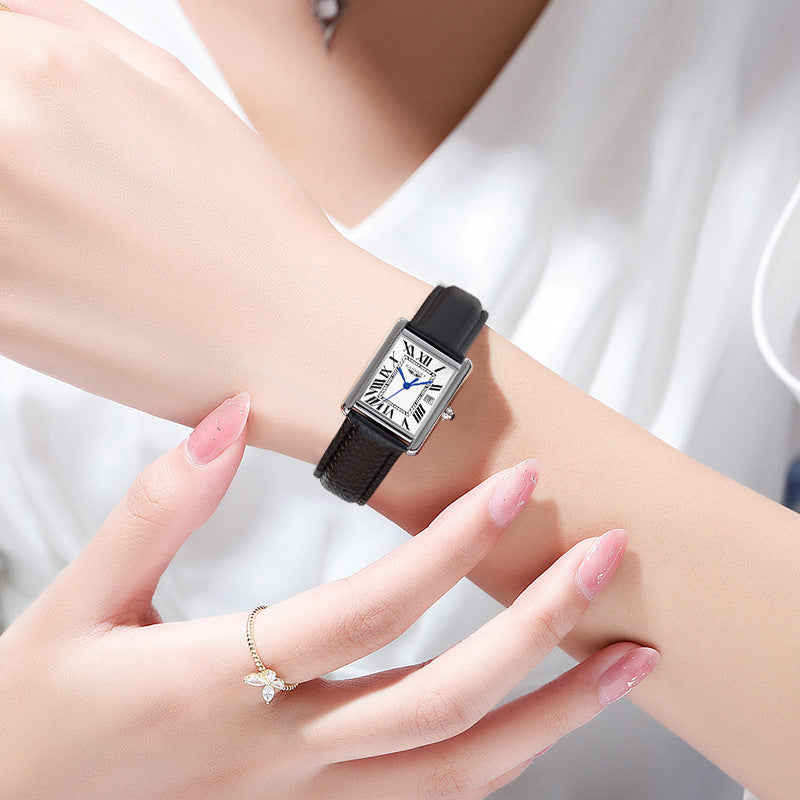 Women Tank Watch black Leather Strap 