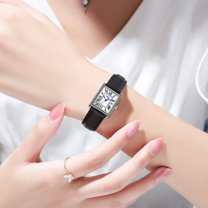 Women Tank Watch black Leather Strap 