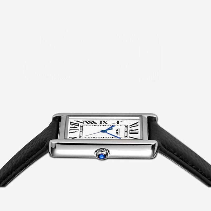 Women Tank Watch black Leather Strap 