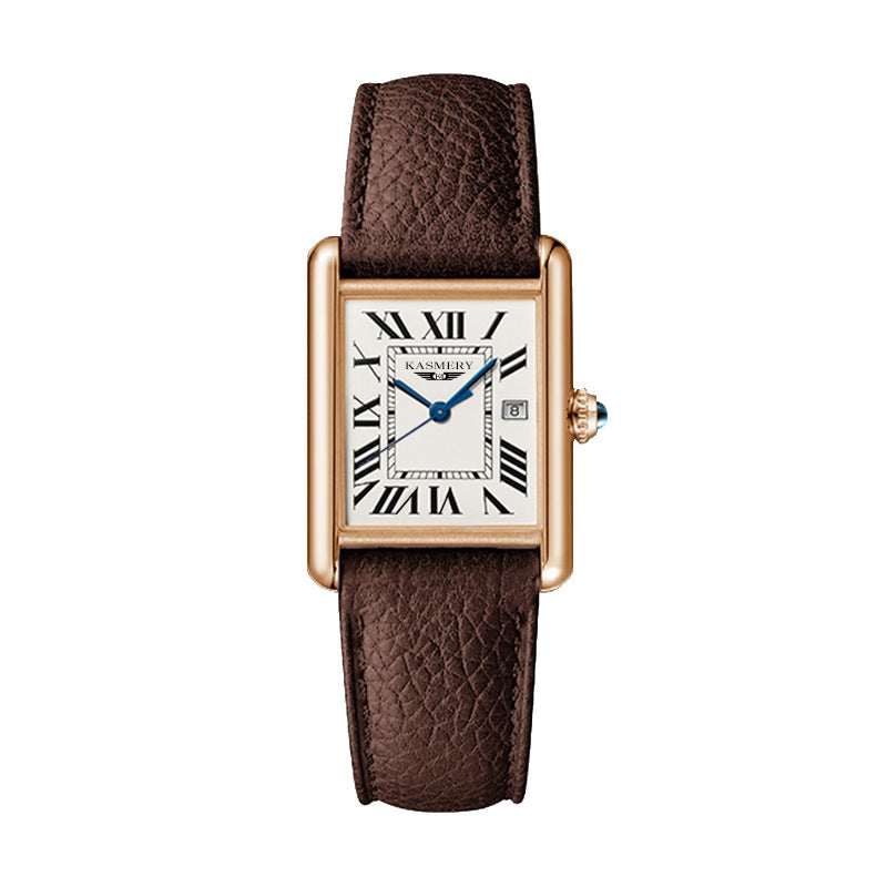 Women Tank Watch brown Leather Strap 