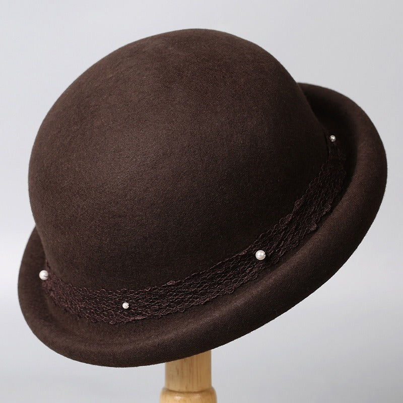 Women's Wool Bowler Hat with Rolled Brim-Grainvity