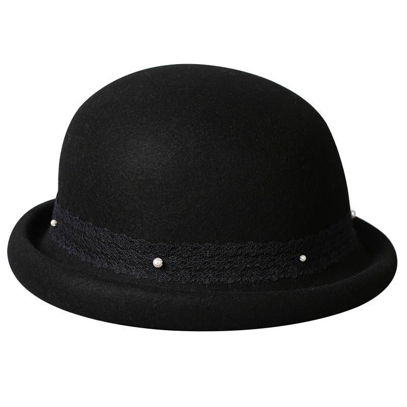 Women's Wool Bowler Hat with Rolled Brim-Grainvity