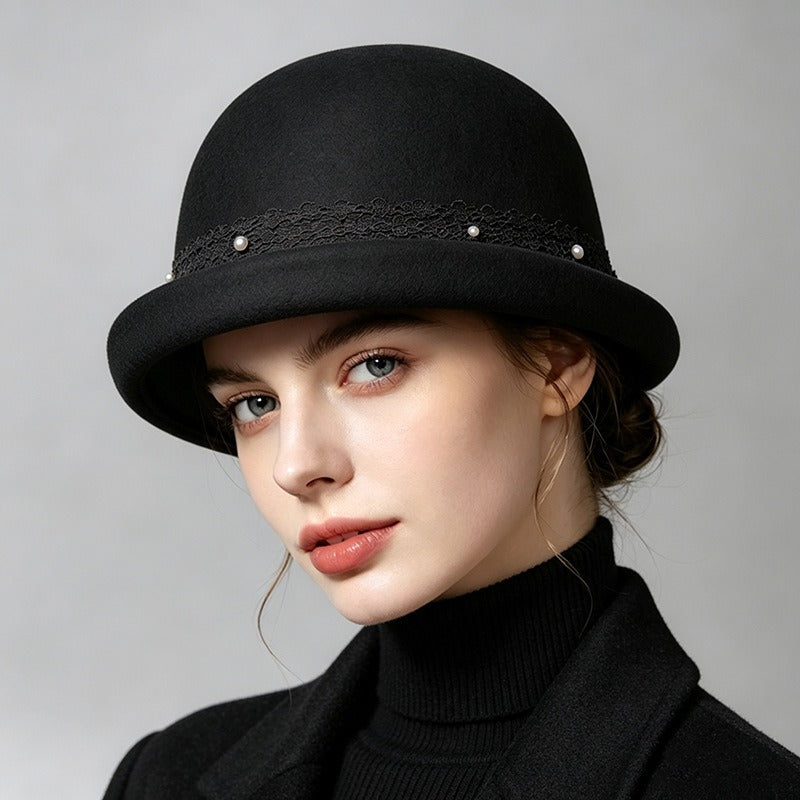 Women's Wool Bowler Hat with Rolled Brim-Grainvity