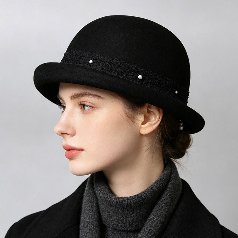 Women's Wool Bowler Hat with Rolled Brim-Grainvity