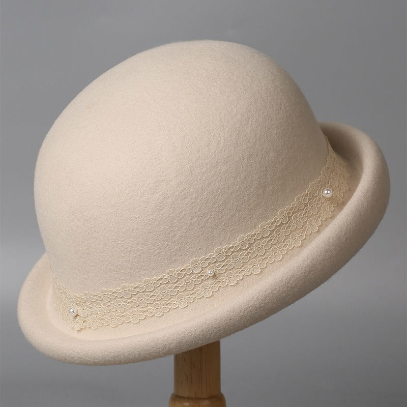 Women's Wool Bowler Hat with Rolled Brim-Grainvity