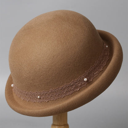 Women's Wool Bowler Hat with Rolled Brim-Grainvity