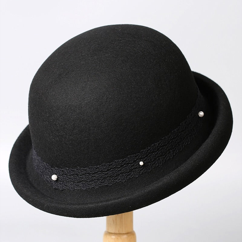 Women's Wool Bowler Hat with Rolled Brim-Grainvity