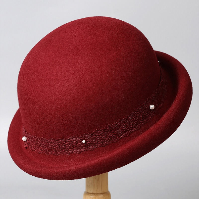 Women's Wool Bowler Hat with Rolled Brim-Grainvity