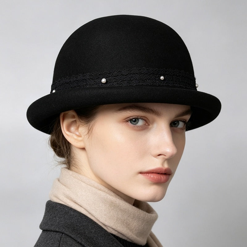 Women's Wool Bowler Hat with Rolled Brim-Grainvity