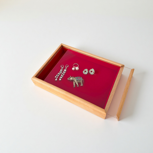 Red Velvet Wood Box With Transparent Slide Lid