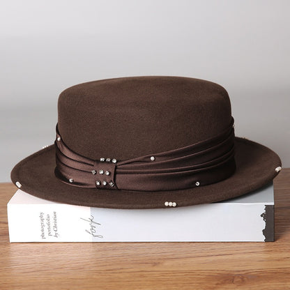 Wool Flat Top Boater Hat - Retro Winter Fedora with Pearl Trim-Grainvity