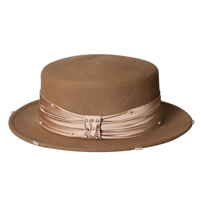 Wool Flat Top Boater Hat - Retro Winter Fedora with Pearl Trim-Grainvity