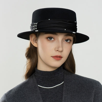 Wool Flat Top Boater Hat - Retro Winter Fedora with Pearl Trim-Grainvity