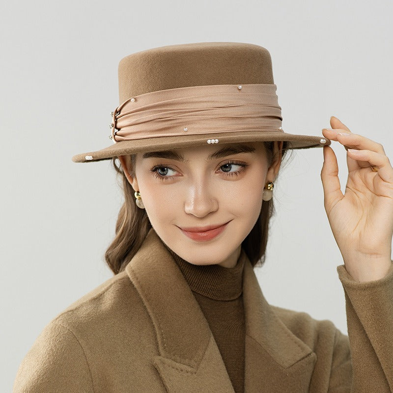 Wool Flat Top Boater Hat - Retro Winter Fedora with Pearl Trim-Grainvity