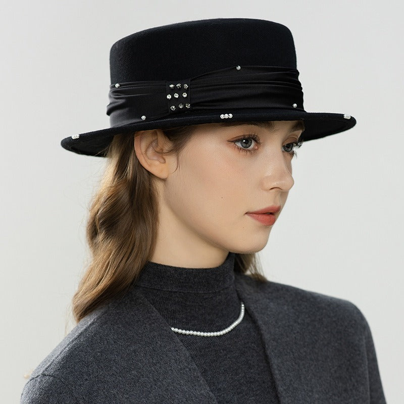 Wool Flat Top Boater Hat - Retro Winter Fedora with Pearl Trim-Grainvity