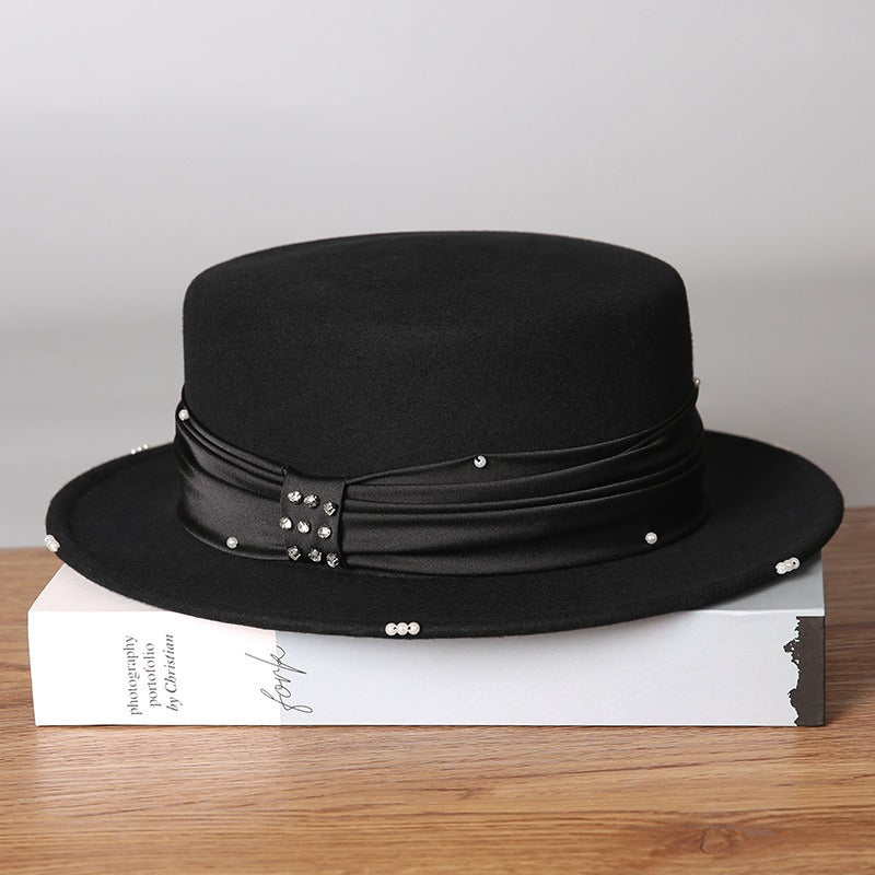 Wool Flat Top Boater Hat - Retro Winter Fedora with Pearl Trim-Grainvity