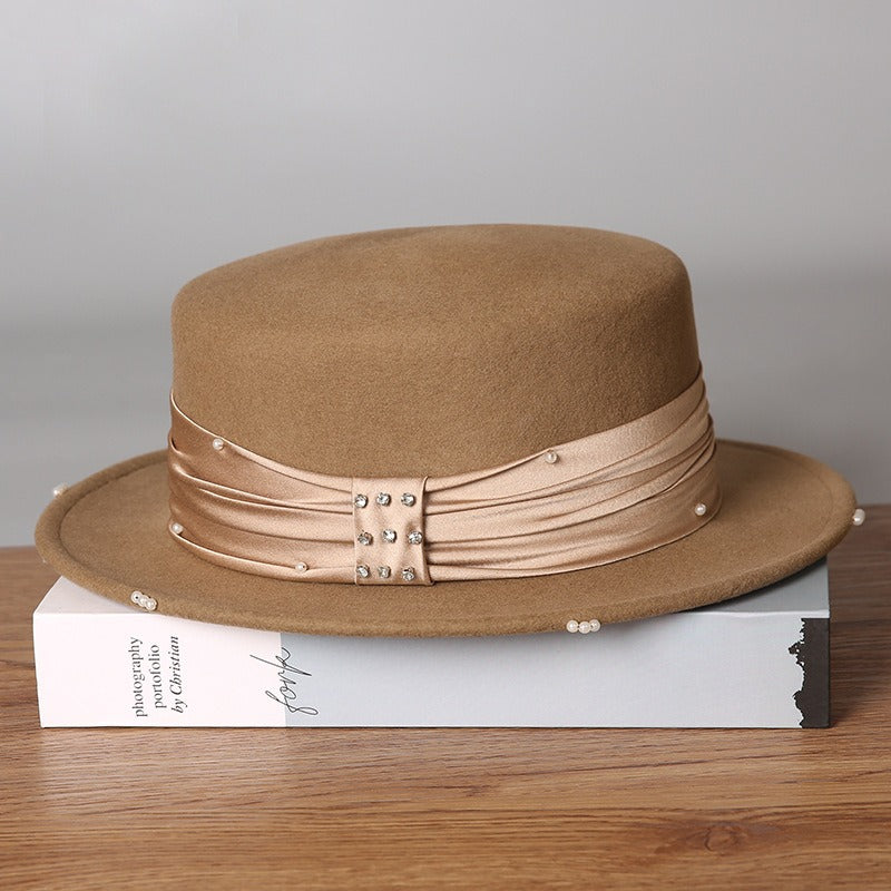 Wool Flat Top Boater Hat - Retro Winter Fedora with Pearl Trim-Grainvity