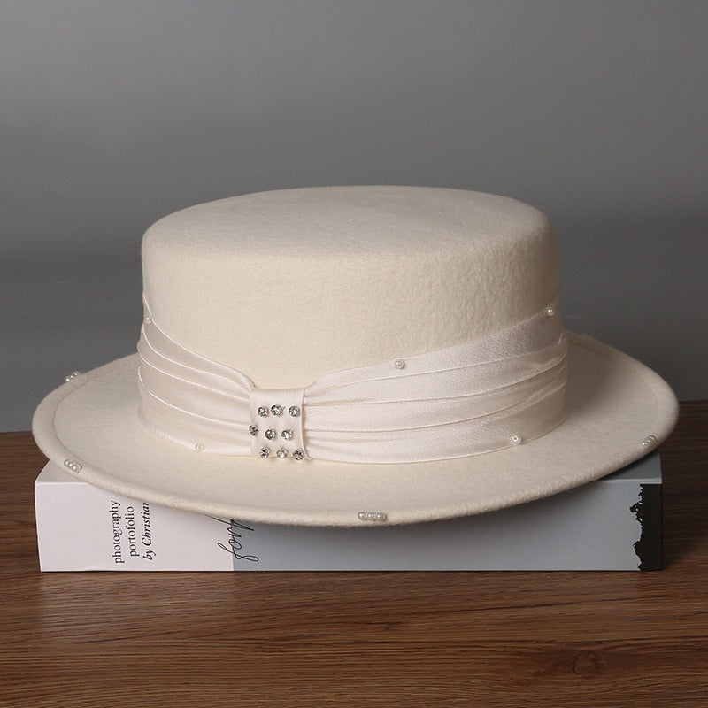 Wool Flat Top Boater Hat - Retro Winter Fedora with Pearl Trim-Grainvity