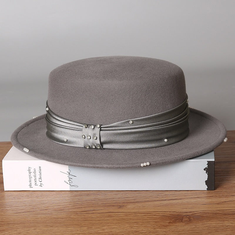 Wool Flat Top Boater Hat - Retro Winter Fedora with Pearl Trim-Grainvity