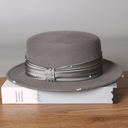 Wool Flat Top Boater Hat - Retro Winter Fedora with Pearl Trim-Grainvity