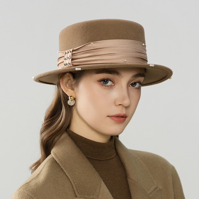Wool Flat Top Boater Hat - Retro Winter Fedora with Pearl Trim-Grainvity