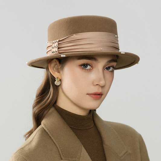 Wool Flat Top Boater Hat - Retro Winter Fedora with Pearl Trim-Grainvity
