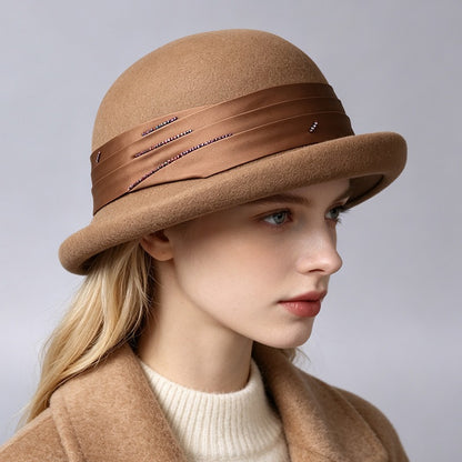 Wool Women Bowler Hat With Silver Ribbon-Grainvity