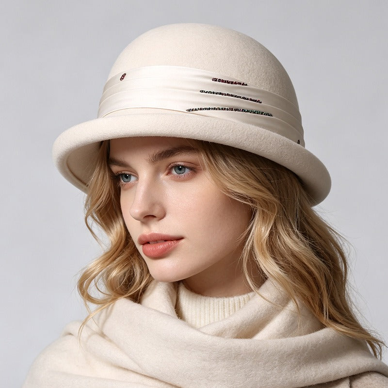 Wool Women Bowler Hat With Silver Ribbon-Grainvity