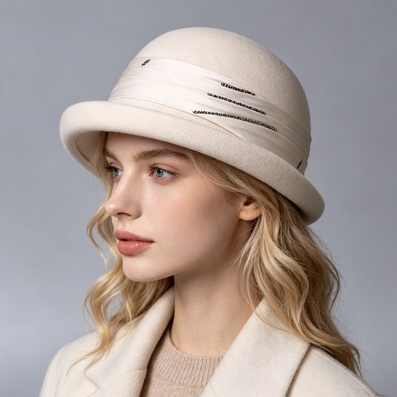 Wool Women Bowler Hat With Silver Ribbon-Grainvity
