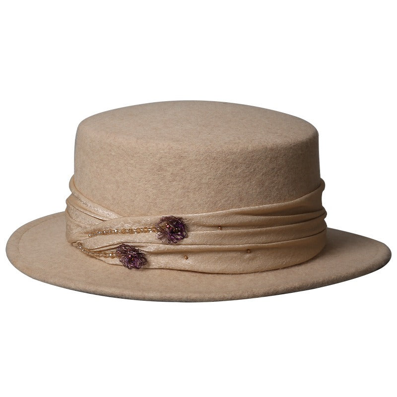 Wool Women's Boater Hat – Flat Top Winter Fedora with Ribbon-Women Hat-Grainvity
