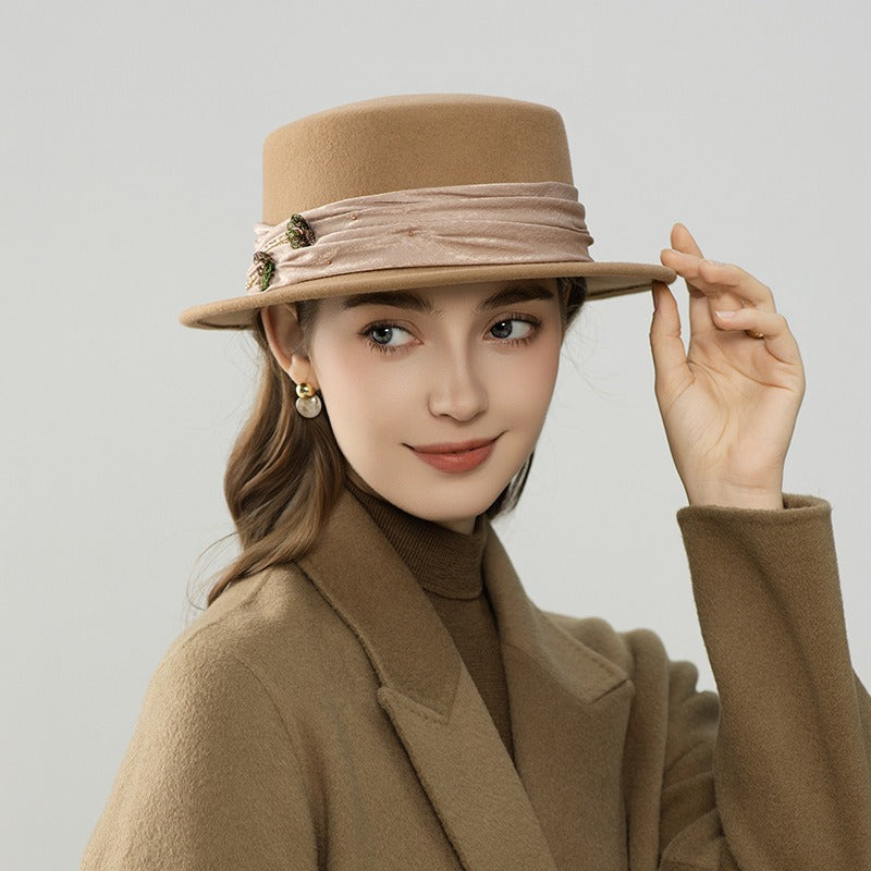 Wool Women's Boater Hat – Flat Top Winter Fedora with Ribbon-Women Hat-Grainvity