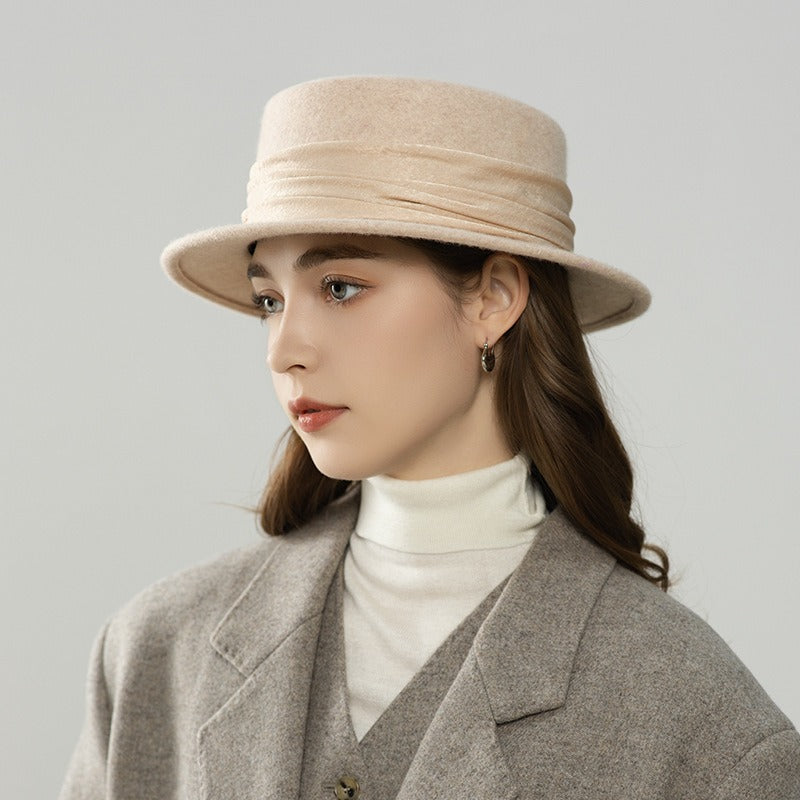 Wool Women's Boater Hat – Flat Top Winter Fedora with Ribbon-Women Hat-Beige-Grainvity