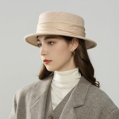 Wool Women's Boater Hat – Flat Top Winter Fedora with Ribbon-Women Hat-Beige-Grainvity