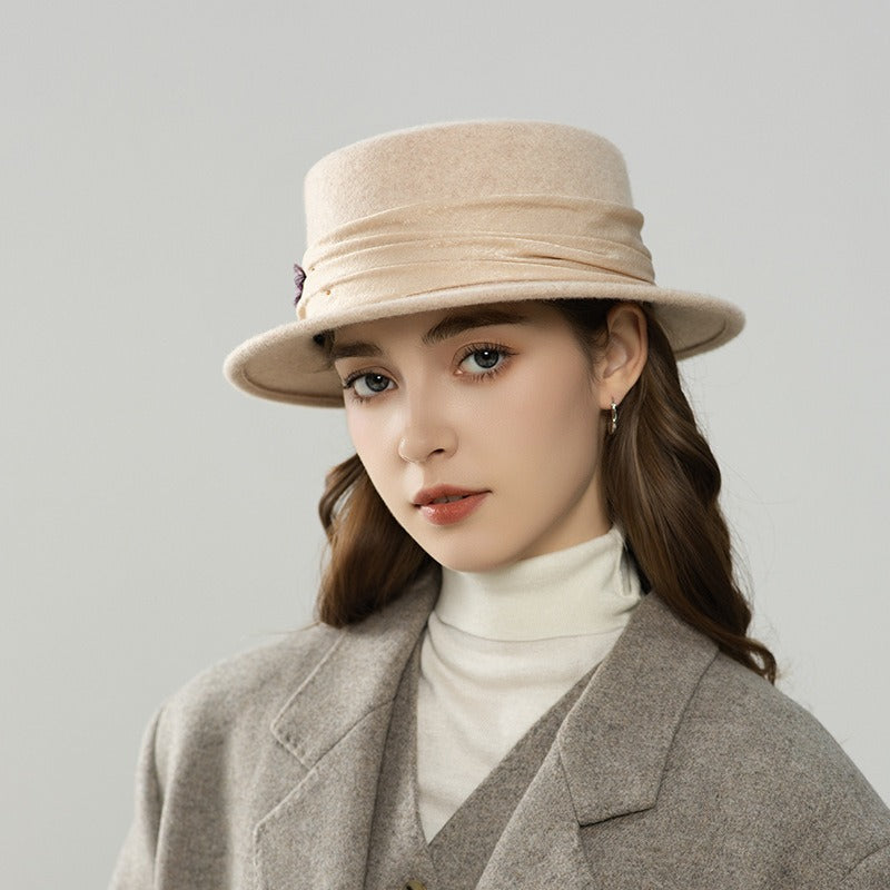 Wool Women's Boater Hat – Flat Top Winter Fedora with Ribbon-Women Hat-Grainvity