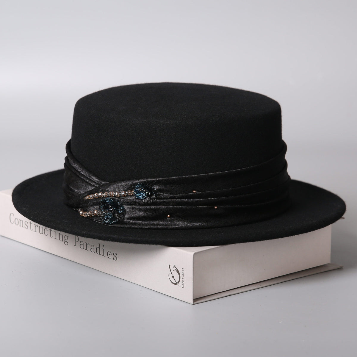 Wool Women's Boater Hat – Flat Top Winter Fedora with Ribbon-Women Hat-Black-Grainvity