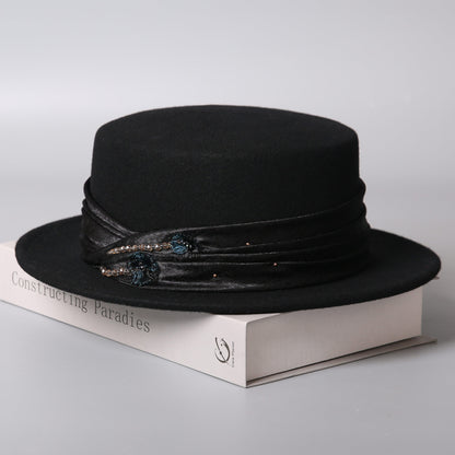 Wool Women's Boater Hat – Flat Top Winter Fedora with Ribbon-Women Hat-Black-Grainvity
