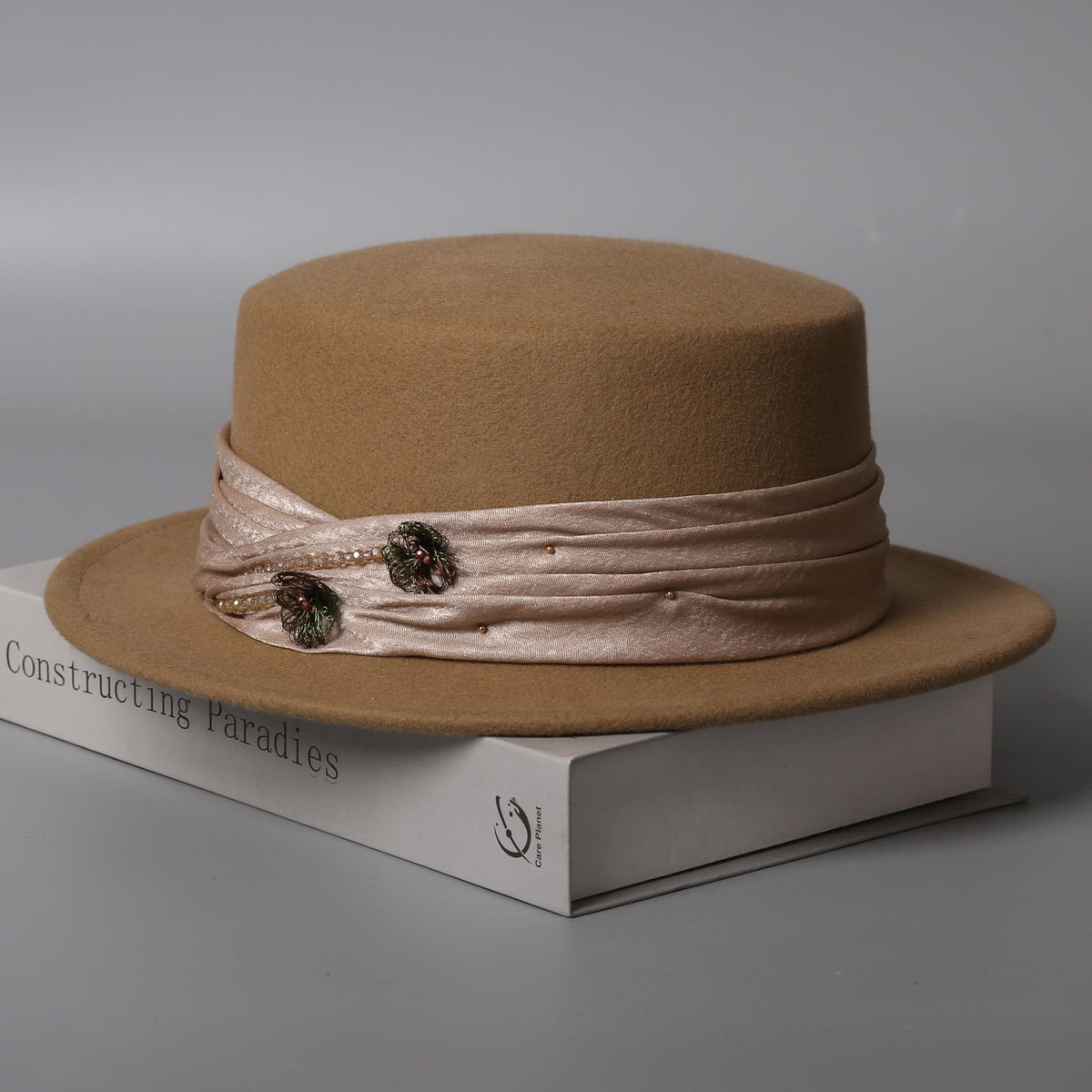 Wool Women's Boater Hat – Flat Top Winter Fedora with Ribbon-Women Hat-Grainvity