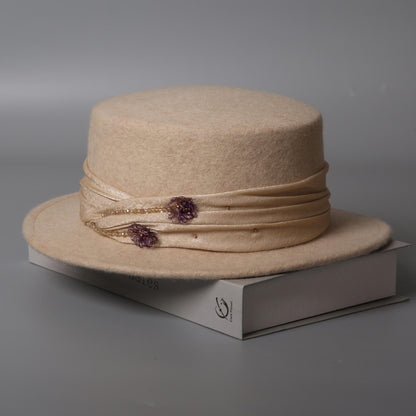 Wool Women's Boater Hat – Flat Top Winter Fedora with Ribbon-Women Hat-Grainvity