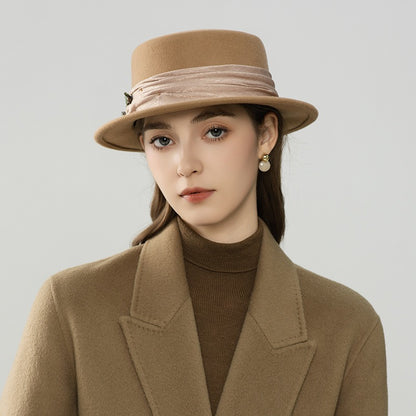 Wool Women's Boater Hat – Flat Top Winter Fedora with Ribbon-Women Hat-Camel-Grainvity