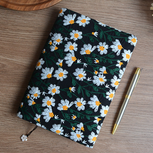 Embroidered Daisies Book Pouch / Notebook Black