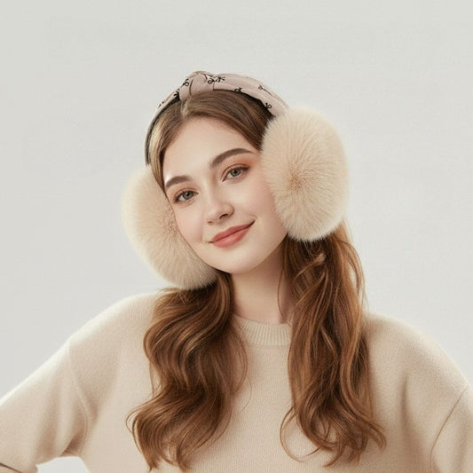 Smiling woman wearing the cream bow print earmuffs